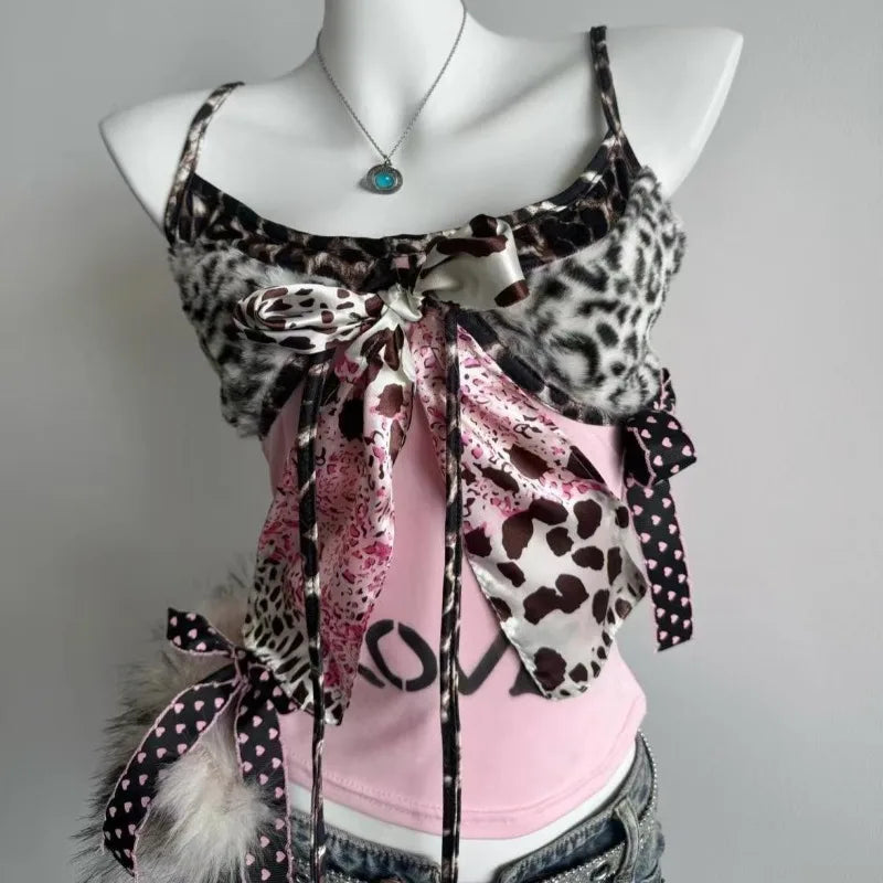 Gyaru Leopard Print Bow Ribbon Layered Cami Top Shoptery