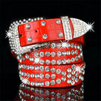 Gyaru Leopard Print Rhinestone Crystal Studded Belt red-110X3.3CM Shoptery