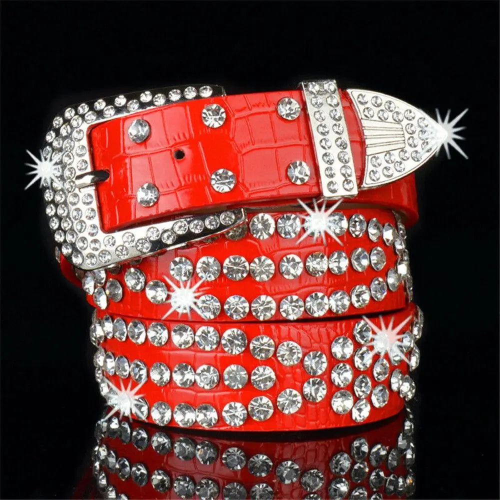 Gyaru Leopard Print Rhinestone Crystal Studded Belt red-110X3.3CM Shoptery