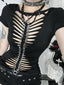 Visual Kei Slashed Fishbone Ring & Safety Pin Cutout Black Tee Black Shoptery