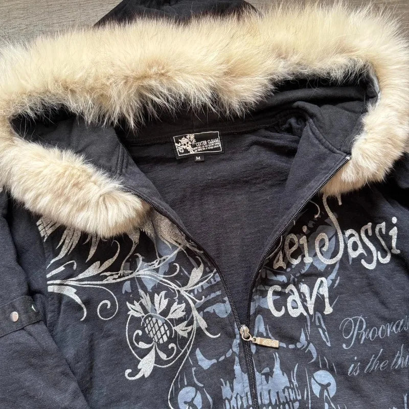 Autumn And Winter New Fashion Oversized Pattern Printed Fur Collar Sweater Women Y2K Gothic Hip Hop Harajuku Casual Sweatshirt Shoptery