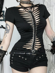 Visual Kei Slashed Fishbone Ring & Safety Pin Cutout Black Tee Shoptery