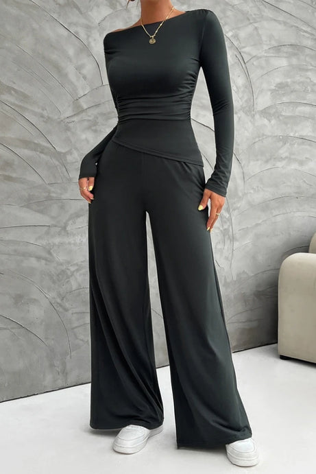 Women's Y2K Slim Fit Long Sleeved Top Wide Leg Long Pants Set