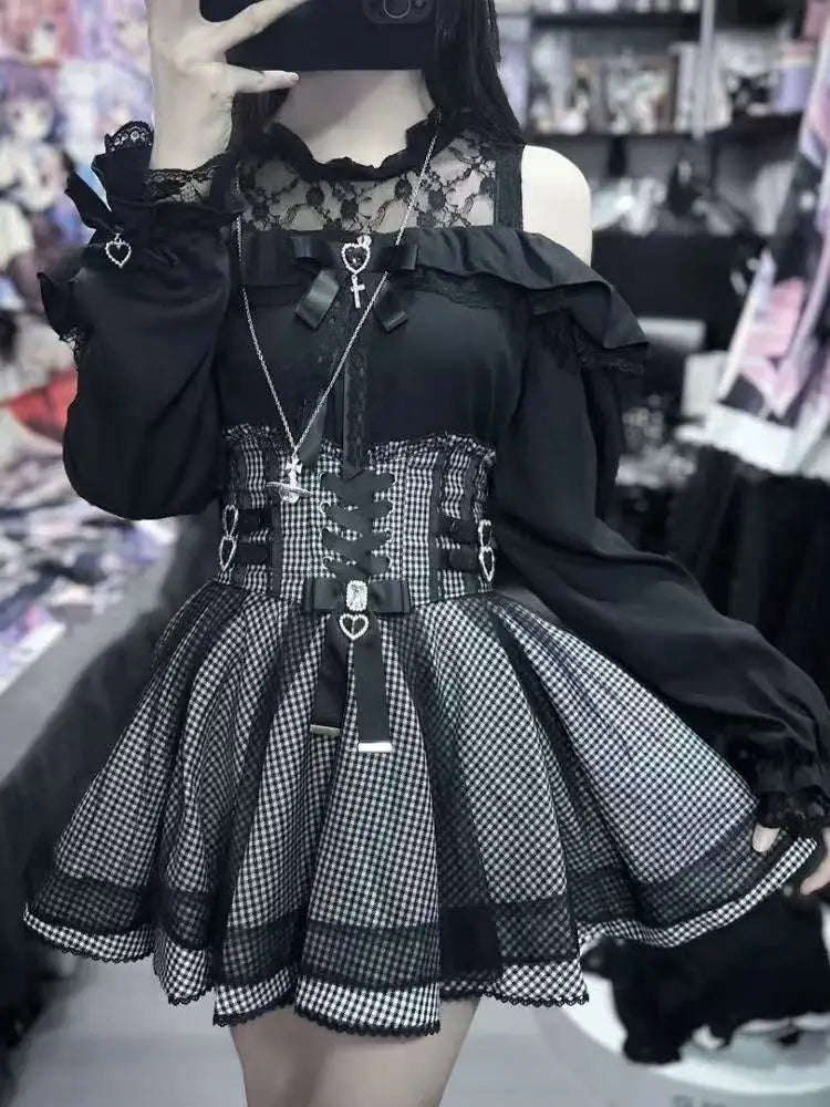 Jirai Kei Gothic Lace & Gingham Cold-Shoulder Corset Mini Dress Set Secondary image