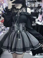 Jirai Kei Gothic Lace & Gingham Cold-Shoulder Corset Mini Dress Set Shoptery