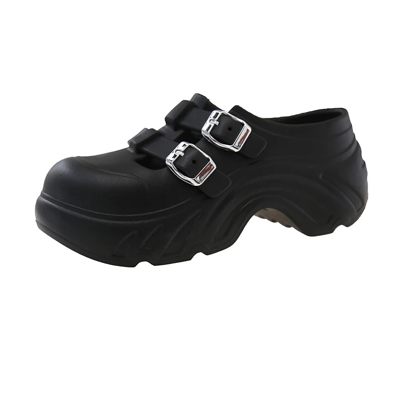 Double Buckle Edgy Slippers black Shoptery