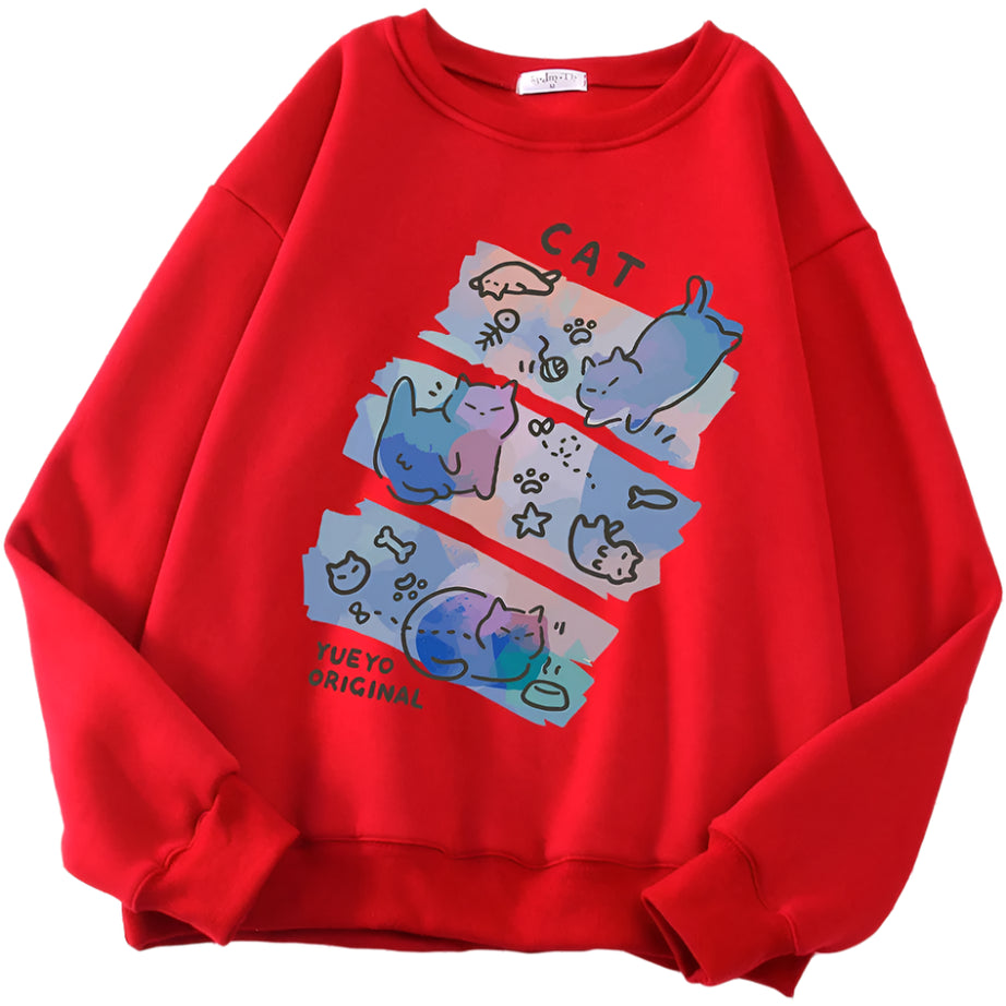 Pastel Meow Mix Kawaii Sweatshirt Red Shoptery