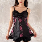 Jirai Kei Pink Tartan Plaid Satin Bow Lace Trim Cami Top Shoptery