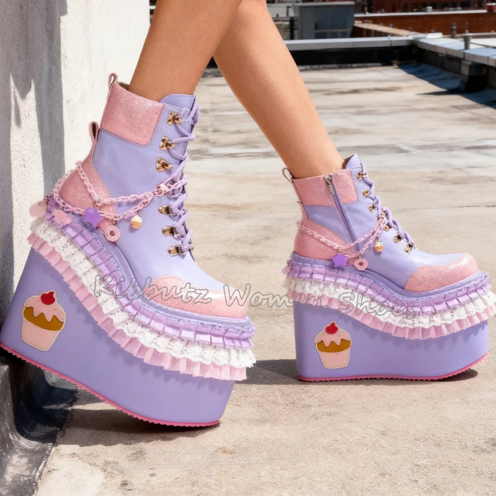 Fairy Kei Cupcake Platform Lace-Up Ankle Boots with Lace Frills Shoptery