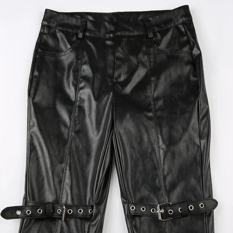 Visual Kei Faux Leather Buckle Strap Bell Bottom Flare Pants Secondary image
