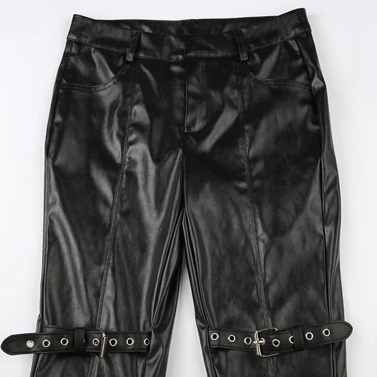 Visual Kei Faux Leather Buckle Strap Bell Bottom Flare Pants Shoptery