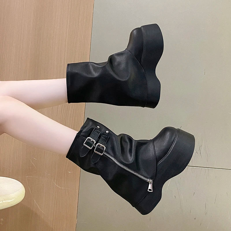 Visual Kei Black Platform Zip Buckle Ankle Boots black Shoptery