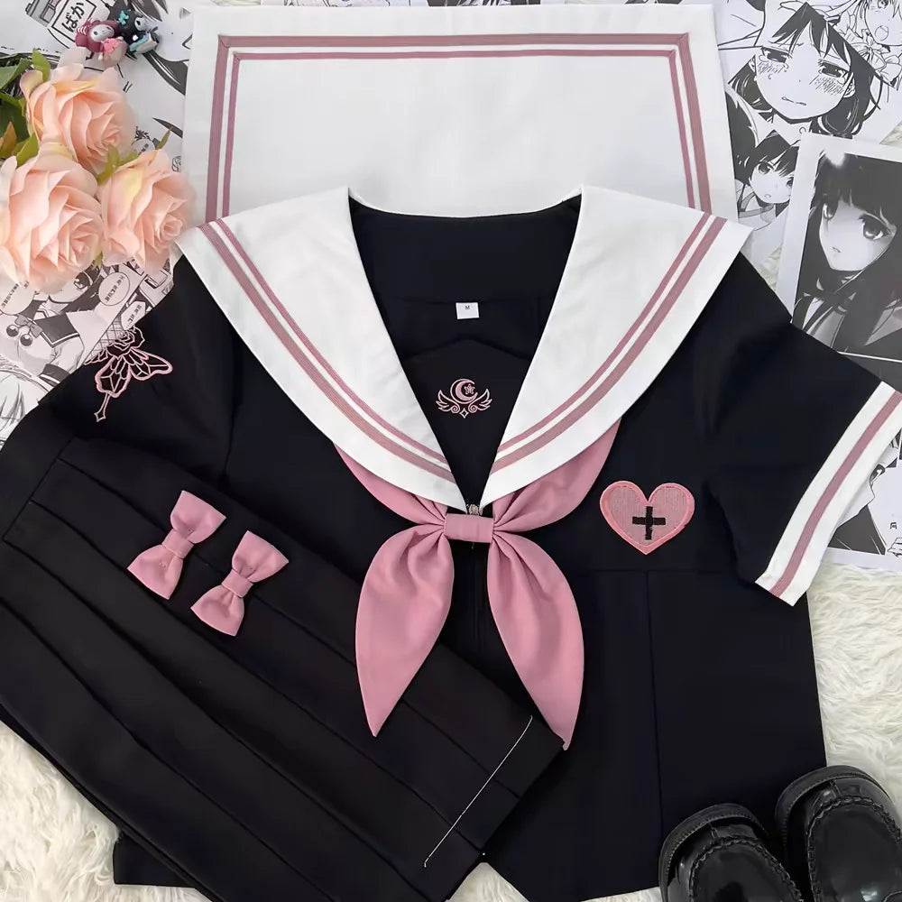 Jirai Kei Black Sailor Uniform Set with Pleated Skirt & Accessories Shoptery