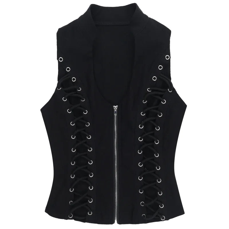 Visual Kei Black Lace-Up Corset Vest with Arm Warmers Set A001-25061 Shoptery