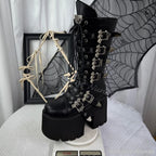 Visual Kei Black Platform Lace-Up Boots with Bat Buckle Straps Shoptery