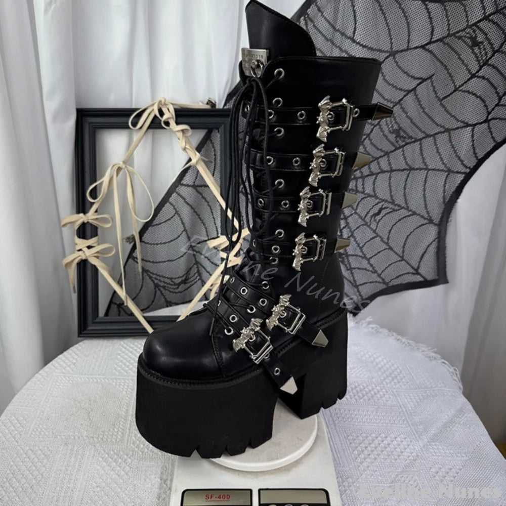 Visual Kei Black Platform Lace-Up Boots with Bat Buckle Straps Shoptery