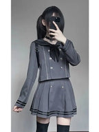 Jirai Kei Black Sailor Double-Breasted Top & Pleated Skirt Set Grey Sets Shoptery