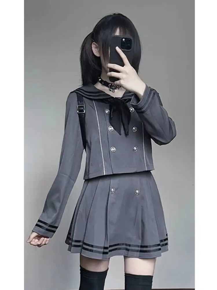 Jirai Kei Black Sailor Double-Breasted Top & Pleated Skirt Set Grey Sets Shoptery
