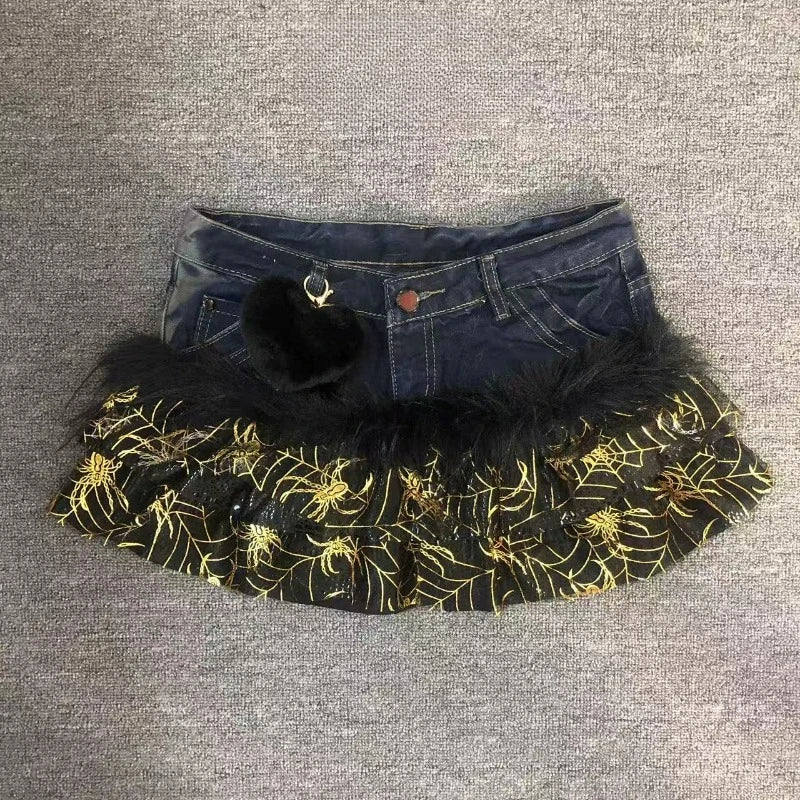 Gyaru Leopard Faux Fur Ruffle Denim Mini Skirt with Pom Charm A2 Shoptery