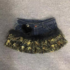 Gyaru Leopard Faux Fur Ruffle Denim Mini Skirt with Pom Charm A2 Shoptery