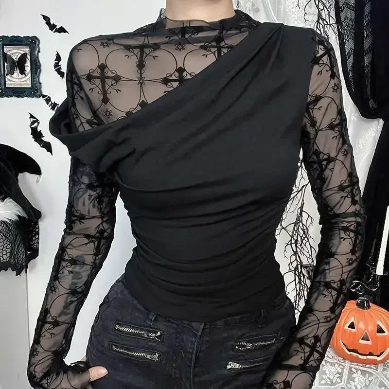 Visual Kei Cross Mesh Ruched Turtleneck Long Sleeve Top Shoptery