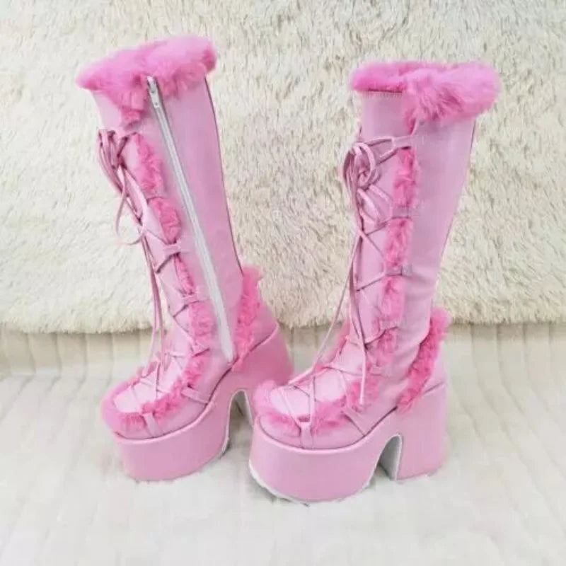 Jirai Kei Faux Fur Lace-Up Knee-High Platform Boots Shoptery