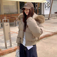 American Fur Collar Parkas Coats Women Y2K Winter Thick Warm Loose Crop Down Jacket Retro Streetwear Zipper Bread Outerwear New Shoptery