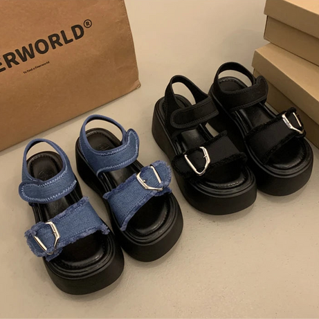 Aesthetic Y2k Denim Heart Buckle Sandals Shoptery