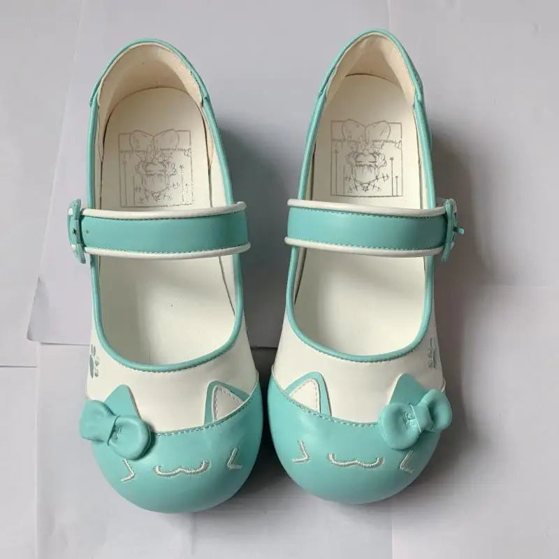 Fairy Kei Pastel Cat Mary Jane Flats with Bow Detail onion green Shoptery