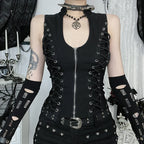 Visual Kei Lace-Up Corset Vest with Spiked Choker & Torn Arm Warmers black Shoptery