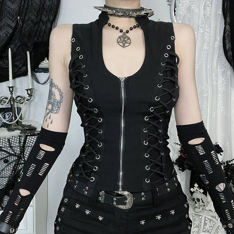 Visual Kei Lace-Up Corset Vest with Spiked Choker & Torn Arm Warmers black Shoptery