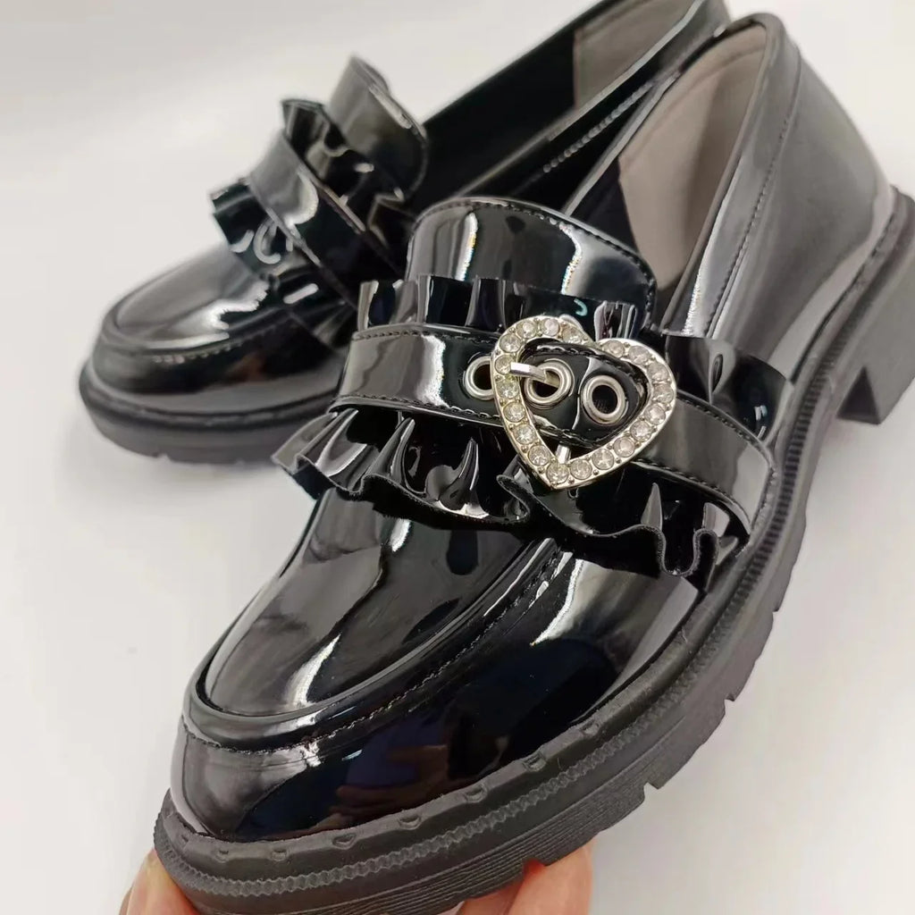 Jirai Kei Patent Ruffle Loafers with Rhinestone Heart Buckle Shoptery