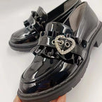 Jirai Kei Patent Ruffle Loafers with Rhinestone Heart Buckle Shoptery