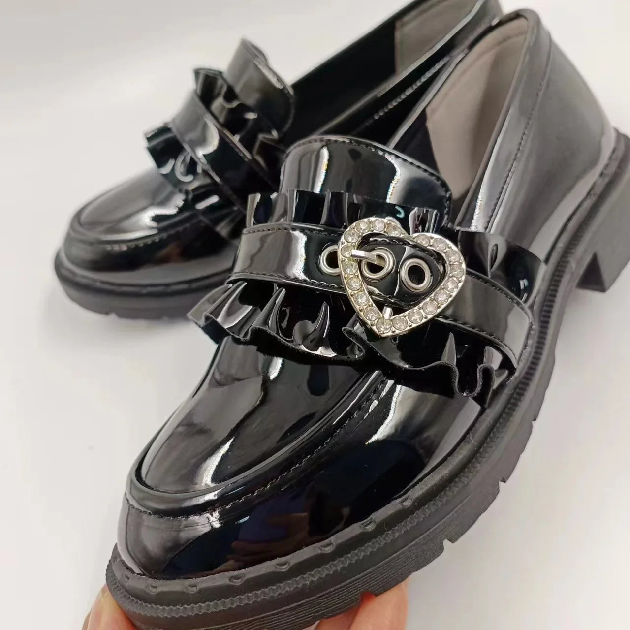 Jirai Kei Patent Ruffle Loafers with Rhinestone Heart Buckle Shoptery