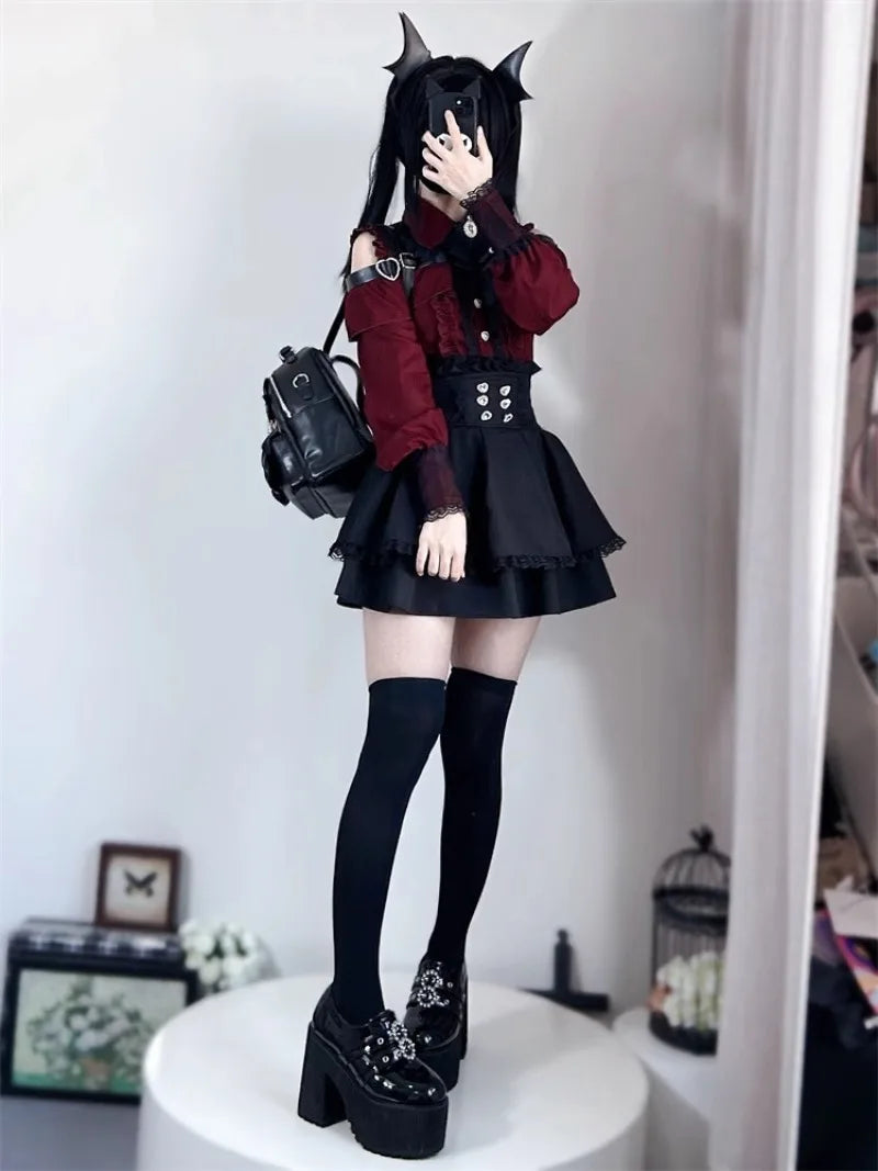 Jirai Kei Red Ruffle Blouse & Black Pleated Skirt Gothic Set Shoptery