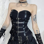 Visual Kei Black Buckle Harness Corset Top with Lace Arm Warmers Shoptery