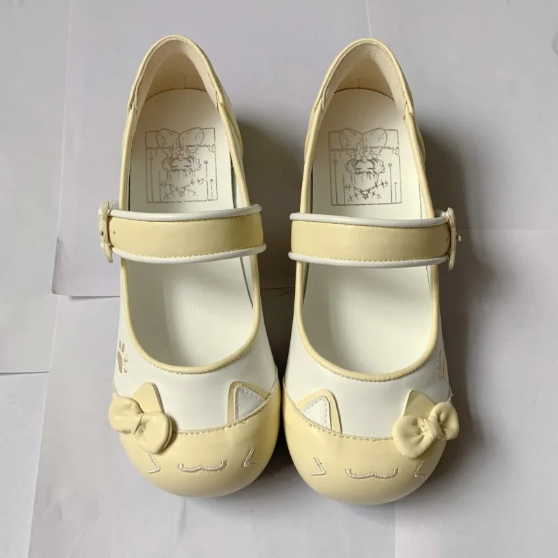 Fairy Kei Pastel Cat Mary Jane Flats with Bow Detail milk yellow Shoptery