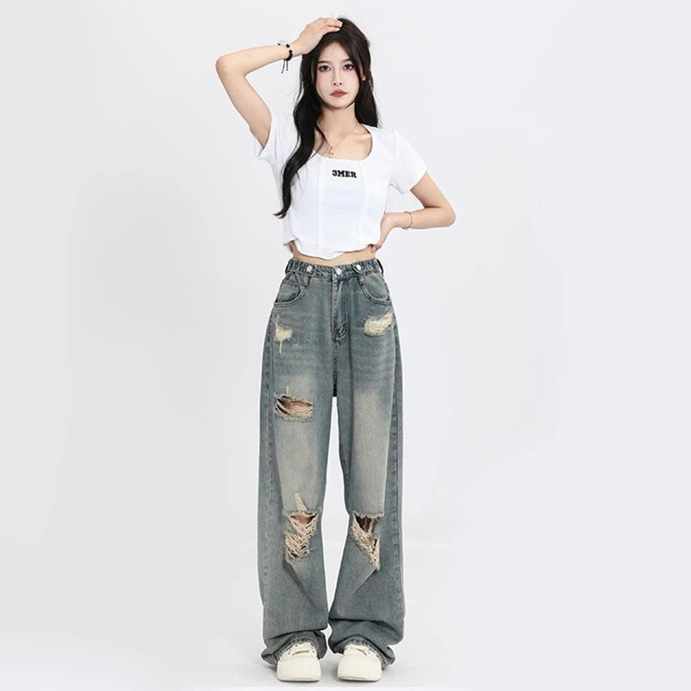 Y2k Hole-punched High Waist Jeans Blue Shoptery