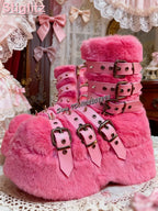 Jirai Kei Pastel Faux Fur Platform Boots with Spiked Buckle Straps Shoptery