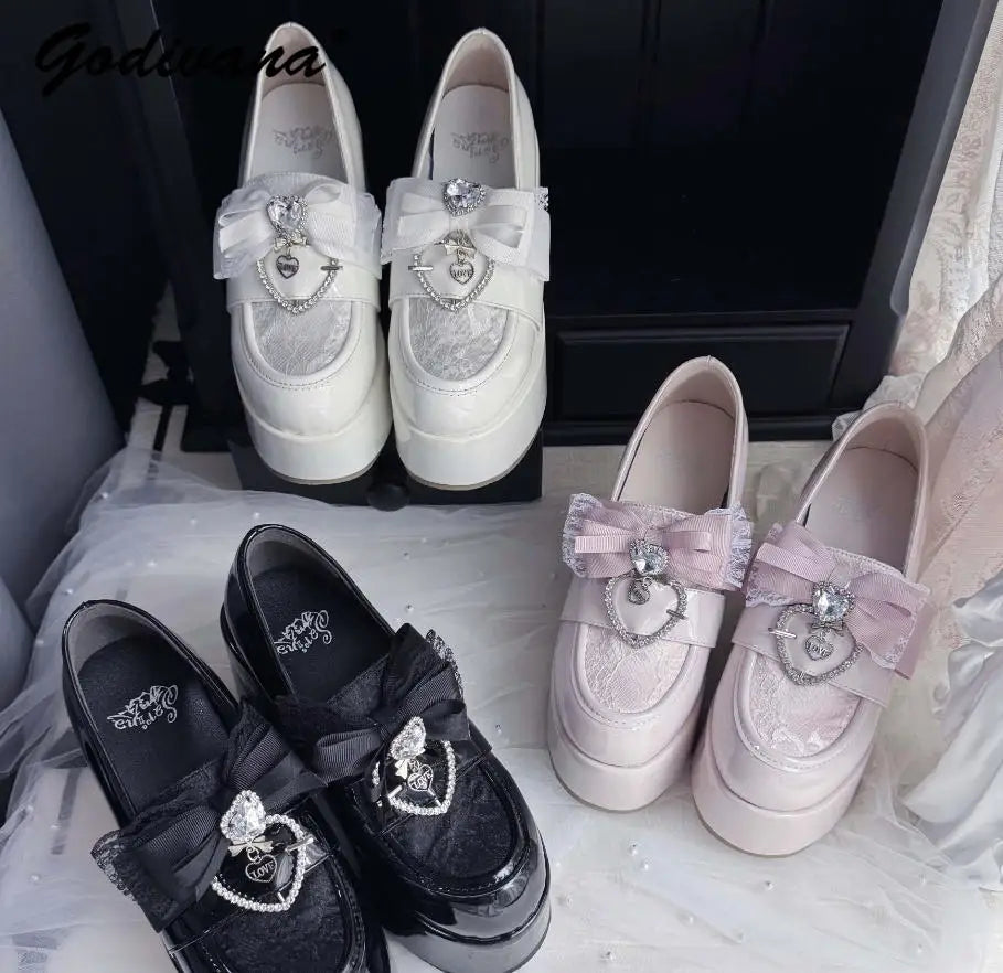 Jirai Kei Patent Lace Bow Platform Loafer Heels in Pink Shoptery