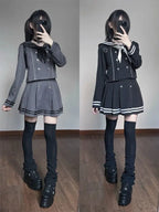 Jirai Kei Black Sailor Double-Breasted Top & Pleated Skirt Set Shoptery