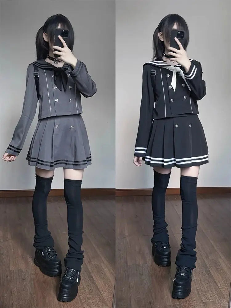Jirai Kei Black Sailor Double-Breasted Top & Pleated Skirt Set Shoptery