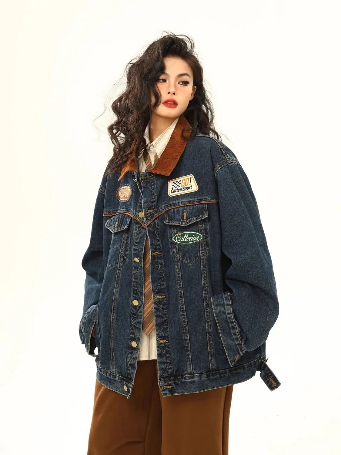 Retro Varsity Denim Y2k Jacket Blue Shoptery