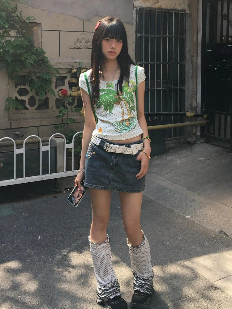 Gyaru Tropical Polka Dot Graphic Baby Tee with Studded Belt Secondary image