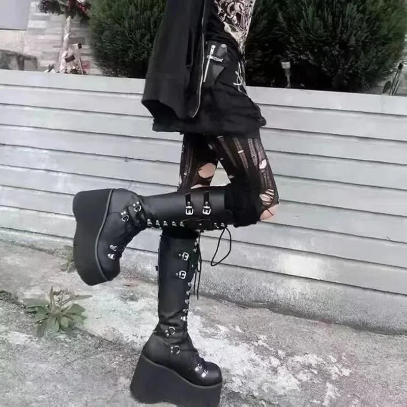 Visual Kei Black Platform Knee-High Lace-Up Buckle Boots Shoptery