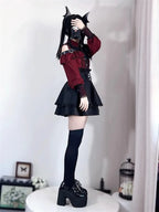 Jirai Kei Red Ruffle Blouse & Black Pleated Skirt Gothic Set Shoptery