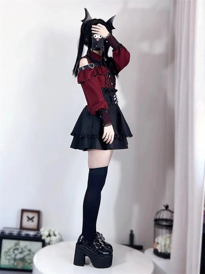 Jirai Kei Red Ruffle Blouse & Black Pleated Skirt Gothic Set Shoptery