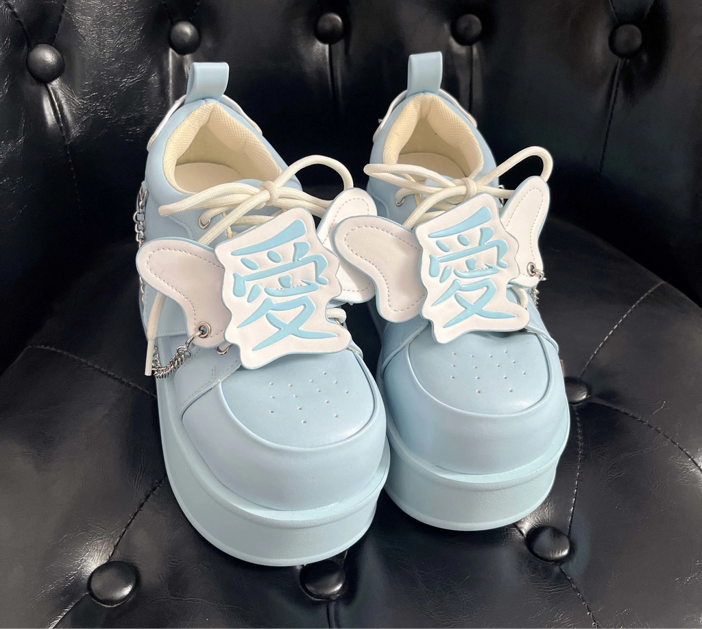 Fairy Kei Pastel Platform Chunky Sneakers with Chain & Kanji Charm blue Shoptery