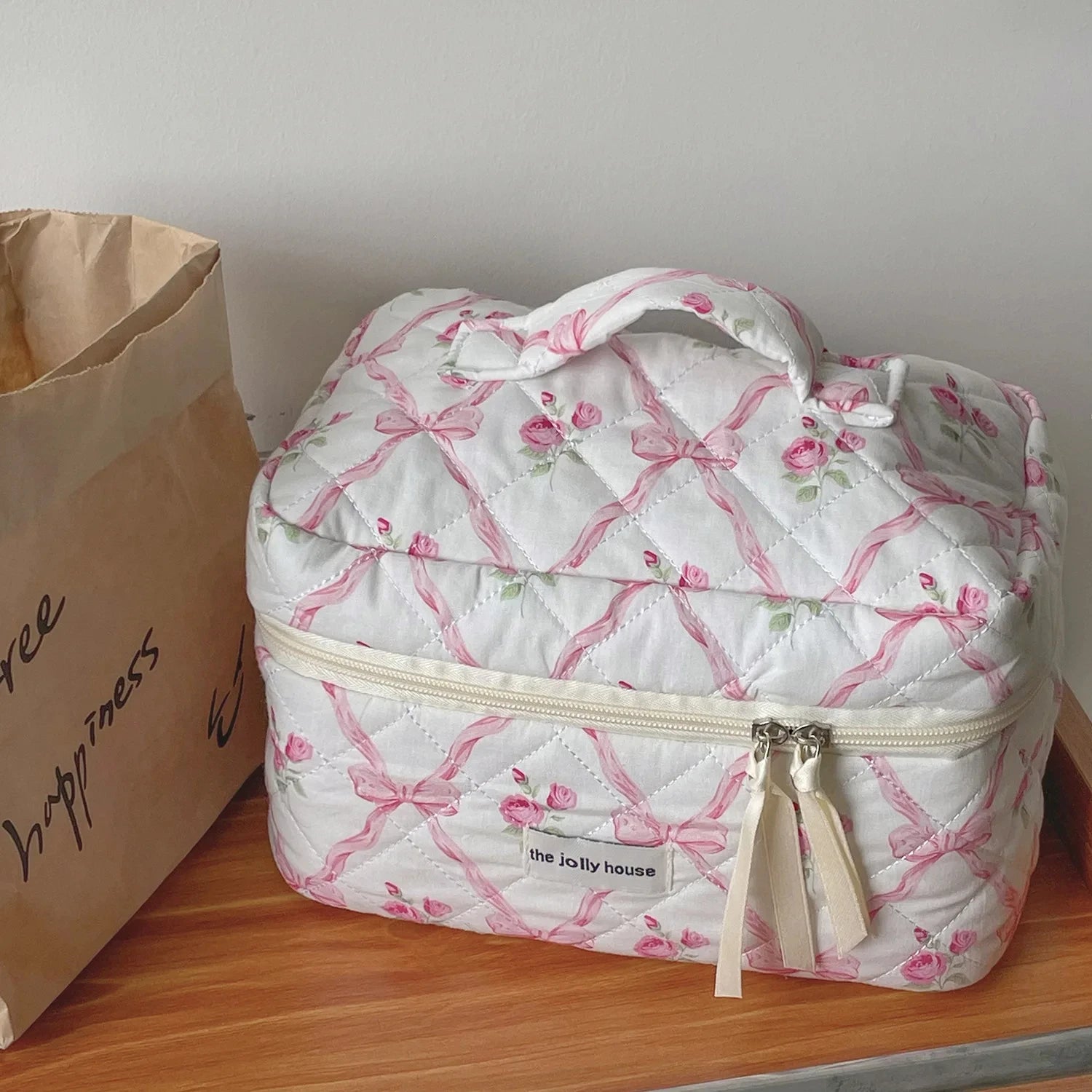 Retro Bow Bloom Coquette Makeup Bags Pink-A Shoptery