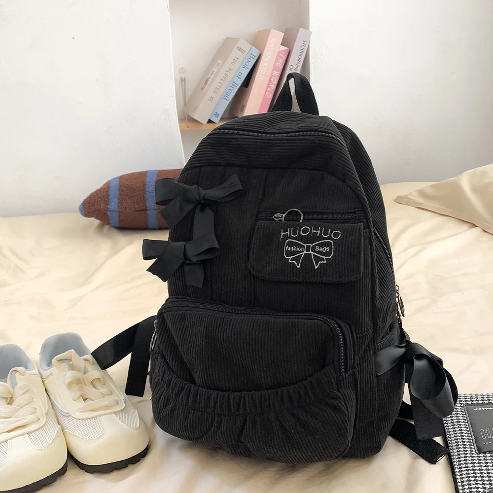 Jirai Kei Corduroy Ribbon Bow Backpack in Cream and Beige black Shoptery